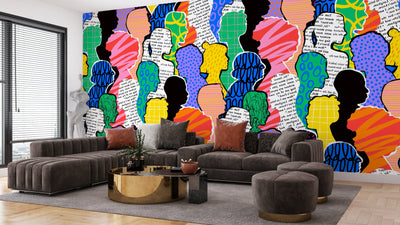 Colorful Diversed People Crowd Wallpaper, Seamless Pattern Mural, Oversized Custom Size Wall Art, Non-Woven, Non-Adhesive, Modern Wall Paper, Removable