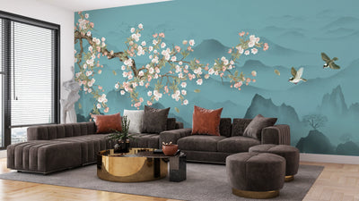 Blue Chinoiserie Wallpaper, Tree and Birds Mural, Oversized Custom Size Wall Art, Non-Woven, Non-Adhesive, Modern Wall Paper, Removable
