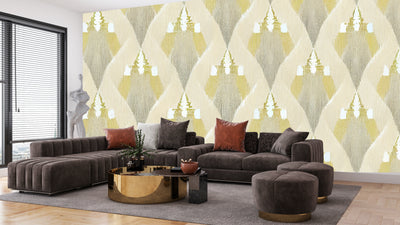 Ethnic Ikat Wallpaper, Yellow Boho Mural, Oversized Custom Size Wall Art, Non-Woven, Non-Adhesive, Modern Wall Paper, Removable