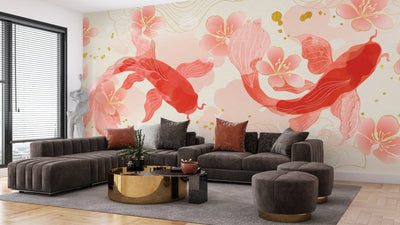 Elegant Koi Fishes Wallpaper, Luxury Chinese Mural, Oversized Custom Size Wall Art, Non-Woven, Non-Adhesive, Modern Wall Paper, Removable