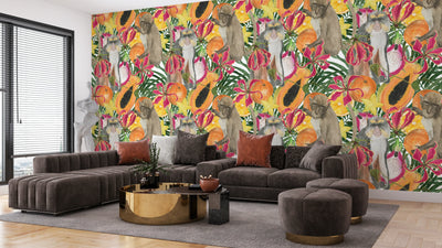 Cute Monkey, Exotic Fruits Wallpaper, Seamless Pattern Mural, Oversized Custom Size Wall Art, Non-Woven, Non-Adhesive, Modern Wall Paper, Removable