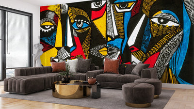 Modern Surreal Wallpaper, Linocut Style Mural, Oversized Custom Size Wall Art, Non-Woven, Non-Adhesive, Modern Wall Paper, Removable