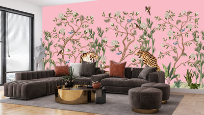 Tigers and Trees Wallpaper, Pink Background Mural, Oversized Custom Size Wall Art, Non-Woven, Non-Adhesive, Modern Wall Paper, Removable