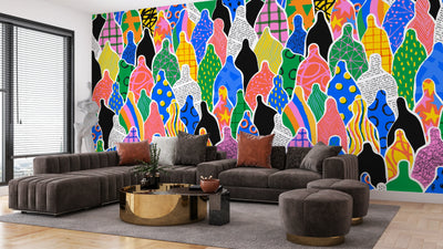Colorful Diverse People Crowd Wallpaper, Seamless Pattern Mural, Oversized Custom Size Wall Art, Non-Woven, Non-Adhesive, Modern Wall Paper, Removable