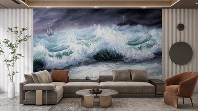 Mighty Storm and Sea Wallpaper, Oil Painting Mural, Oversized Custom Size Wall Art, Non-Woven, Non-Adhesive, Modern Wall Paper, Removable
