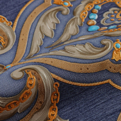 Luxury Deep Embossed Damask Wallpaper, Blue, Yellow, Home & Commercial Use Decorative Wallcovering, Washable, Sturdy - Walloro High End Wallcoverings & More