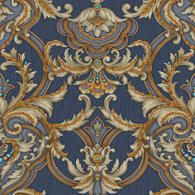 Luxury Deep Embossed Damask Wallpaper, Blue, Yellow, Home & Commercial Use Decorative Wallcovering, Washable, Sturdy - Walloro High End Wallcoverings & More