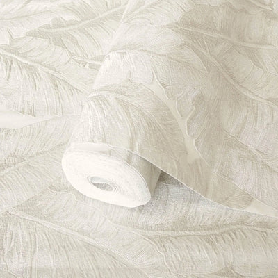 Luxury Leaf Pattern Wallpaper, Cream Embossed Botanical Tropical Exotic Wallcovering, Plants Tropical Design - Walloro High End Wallcoverings & More