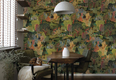 Modern Landscape Trees Wall Mural, Green Village Wallpaper, Extra Large Custom Size Wall Art, Non-Woven, Non-Adhesive, Removable, Washable - Walloro High End Wallcoverings & More