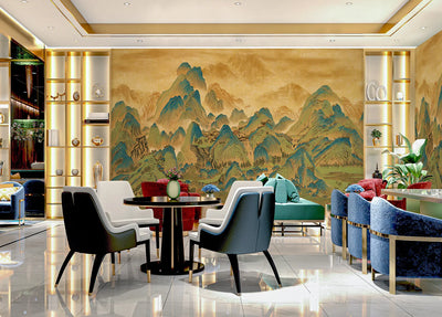 Mountains Scenic Wall Mural, Yellow Landscape Wallpaper, Modern Custom Size Wall Covering, Non-Woven, Non-Pasted, Washable, Removable, Extra Large Wall Covering - Walloro High End Wallcoverings & More