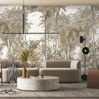 Palm Trees Drawing Wallpaper, Yellow White Large Hand Drawn Wall Mural, Custom Size Wall Covering, Non-Woven, Non-Pasted, Washable, Removable - Walloro High End Wallcoverings & More