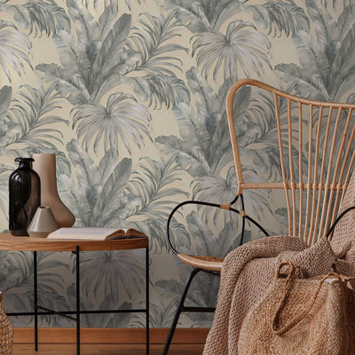 Palm Trees Embossed Wallpaper, Rich Textured Green Leaves Wallcovering, Large 114 sq ft Roll, Washable, Sturdy, Blue Plants Leaves Wallpaper - Walloro High End Wallcoverings & More