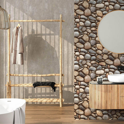 Realistic Embossed Oval Stone Wallpaper, Brown, Tan Farmhouse, Lodge Home Interior Design Wallcovering - Walloro High End Wallcoverings & More