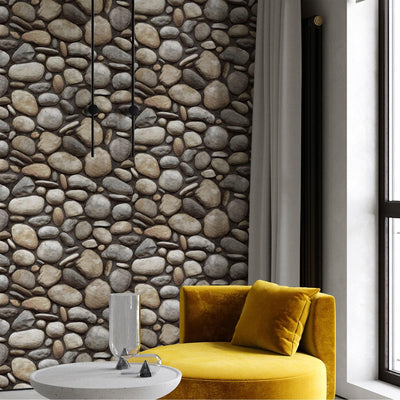 Realistic Embossed Oval Stone Wallpaper, Gray, Tan Farmhouse, Lodge Home Interior Design Wallcovering - Walloro High End Wallcoverings & More
