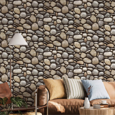 Realistic Embossed Oval Stone Wallpaper, Gray, Tan Farmhouse, Lodge Home Interior Design Wallcovering - Walloro High End Wallcoverings & More