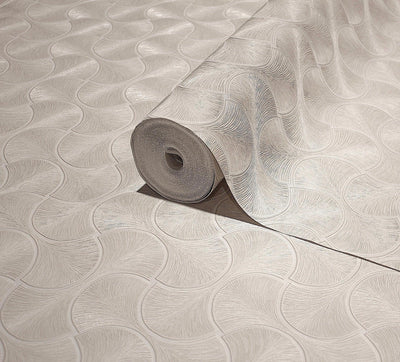 Round Geometric Shapes Deep Embossed Wallpaper, Light Neutral Shiny Surface Textured Wall Accent Decor - Walloro High End Wallcoverings & More