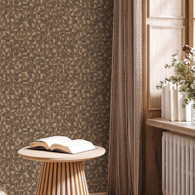 Shimmering Geometric Shapes Wallpaper, Dark Brown, Gold Deep Embossed Asymmetrical Design Wallcovering - Walloro High End Wallcoverings & More