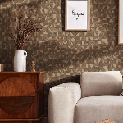 Shimmering Geometric Shapes Wallpaper, Dark Brown, Gold Deep Embossed Asymmetrical Design Wallcovering - Walloro High End Wallcoverings & More