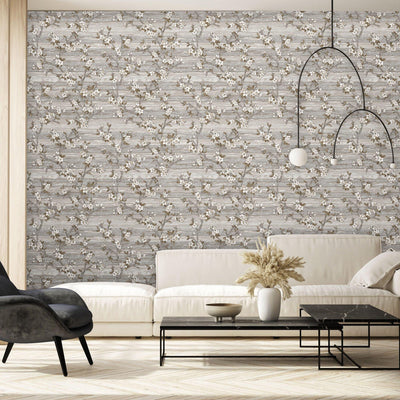 Stylish Floral Wallpaper, Gray, Brown Embossed Flocked Botanical Blossom Pattern, Bloom Design, Trendy Wall Accent Decoration - Walloro High End Wallcoverings & More