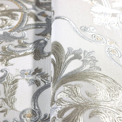 Timeless Design 3D Embossed Damask Wallpaper, Silver, White Luxury Velvet Feeling Wallcovering, Large 114 sq ft Roll - Walloro High End Wallcoverings & More