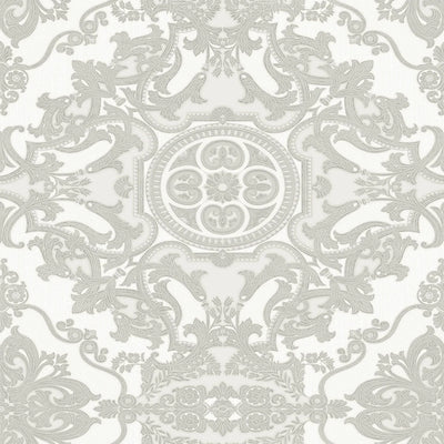 Timeless Design 3D Embossed Damask Wallpaper, White, Silver Luxury Velvet Feeling Wallcovering, Large 114 sq ft Roll - Walloro High End Wallcoverings & More