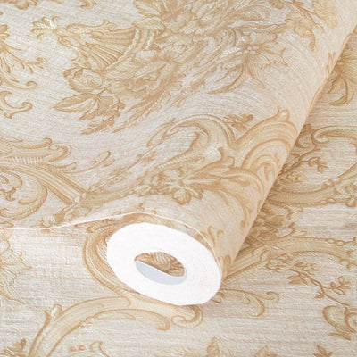 Timeless Velvet Feel Damask Embossed Wallpaper, Cream, Light Gold 3D Textured, Flocked, Washable, Luxury Wall Decoration - Walloro High End Wallcoverings & More