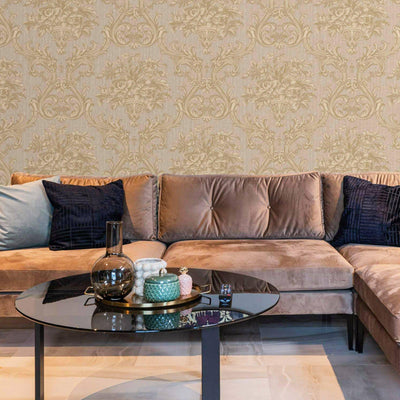 Timeless Velvet Feel Damask Embossed Wallpaper, Cream, Light Gold 3D Textured, Flocked, Washable, Luxury Wall Decoration - Walloro High End Wallcoverings & More