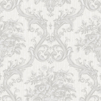 Timeless Velvet Feel Damask Embossed Wallpaper, White, Silver 3D Textured, Flocked, Washable, Luxury Wall Decoration - Walloro High End Wallcoverings & More