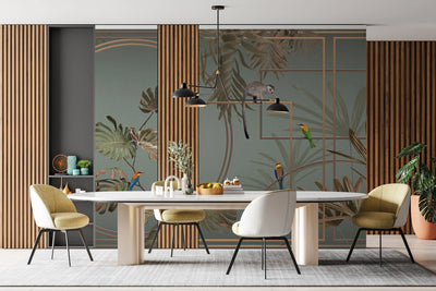 Tropical Jungle Wall Mural, Forest Wallpaper, Light Green Tree Leaf Bird, Custom Size, Non-Woven, Modern Wall Paper, Non-Pasted, Washable, Removable - Walloro High End Wallcoverings & More