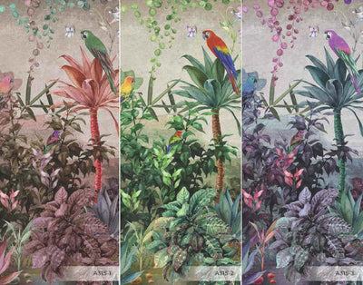 Tropical Wall Mural, Nature Palm Tree Green Parrot Wallpaper, Jungle Forest Theme, Non-Woven, Non-Adhesive, Removable, Exotic Wall Print Art, Interior Decor - Walloro High End Wallcoverings & More