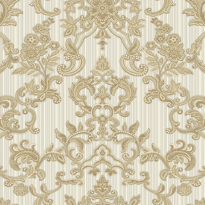Victorian Damask Striped Wallpaper, Gold, White Rich Textured Embossed Wall Paper, Extra Wide 114 sq ft Roll, Wall Decor, Sturdy, Washable - Walloro High End Wallcoverings & More