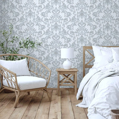 Victorian Damask Striped Wallpaper, Silver, White Rich Textured Embossed Wall Paper, Extra Wide 114 sq ft Roll, Wall Covering, Washable - Walloro High End Wallcoverings & More
