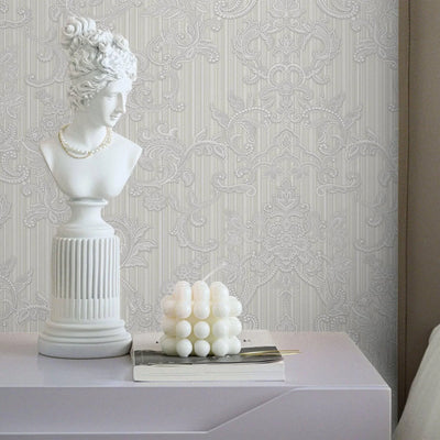Victorian Damask Striped Wallpaper, White, Gray Rich Textured Embossed Wall Paper, Extra Wide 114 sq ft Roll, Modern Wall Covering, Sturdy, Washable - Walloro High End Wallcoverings & More