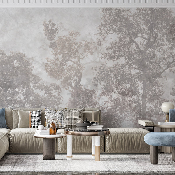 Vintage Trees Scenic Wall Mural, Light Gray Nature Theme Wallpaper, Oversized Landscape Scene Custom Size Wall Art, Non-Woven, Non-Pasted, Removable - Walloro High End Wallcoverings & More