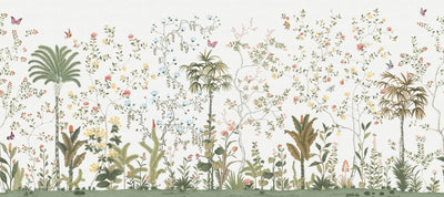 White Botanical Wall Mural, Butterfly Flowers Chinoiserie Wallpaper, Nature Theme Custom Size Wall Covering, Non-Woven, Non-Pasted, Removable, Washable - Walloro High End Wallcoverings & More