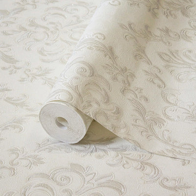 White Luxury Baroque Deep Embossed Wallpaper, Damask Ornate Patterns Sparkling Wallcovering - Walloro High End Wallcoverings & More