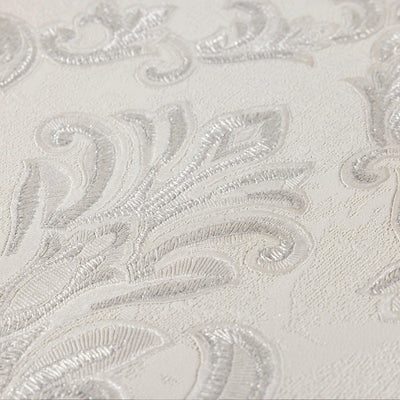 White Luxury Baroque Deep Embossed Wallpaper, Damask Ornate Patterns Sparkling Wallcovering - Walloro High End Wallcoverings & More