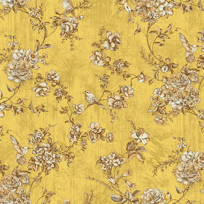 Yellow Elegant Chinoiserie Blossom Floral Wallpaper, Animal Print Birds Flowers Botanical Pattern - Walloro High End Wallcoverings & More